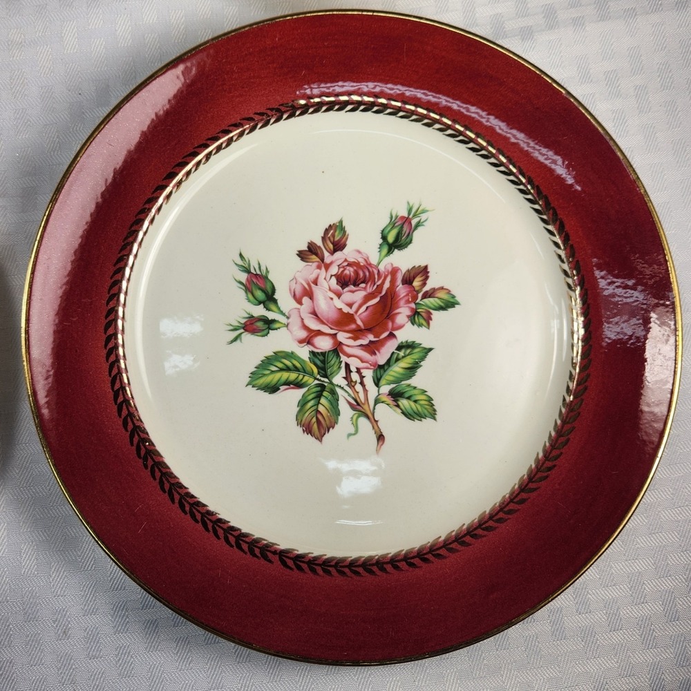 Vintage Stetson 22kt Gold Dinner Plates Lady Marlow Rose Burgundy 10" Beautiful